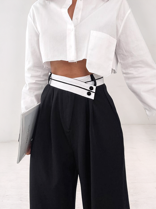 Ruby Asymmetrical Contrast Waistband Wide Leg Dress Pants