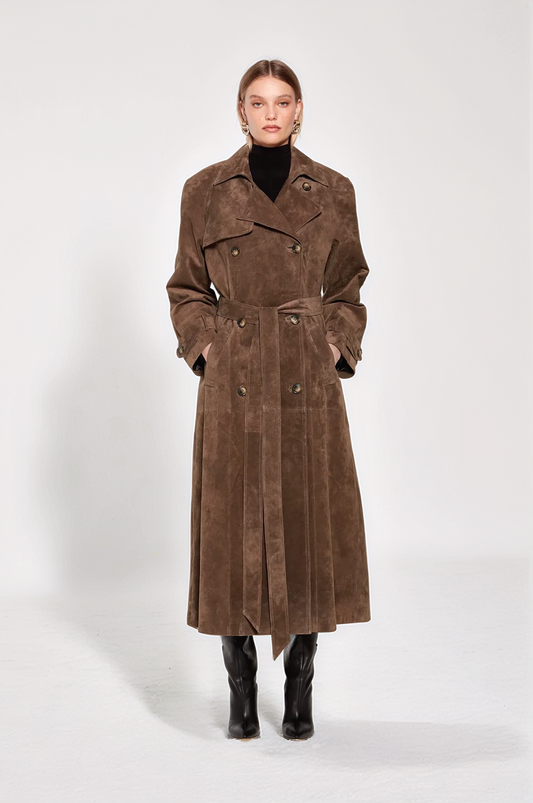 Roséfarbener Wildleder-Trenchcoat