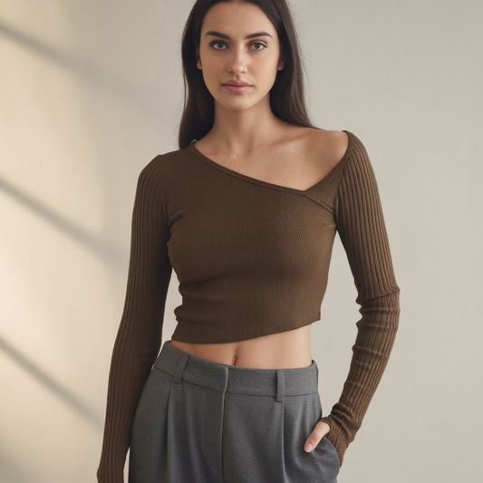 Brianna Ribbed Knit Long Sleeve Asymmetric Shirt